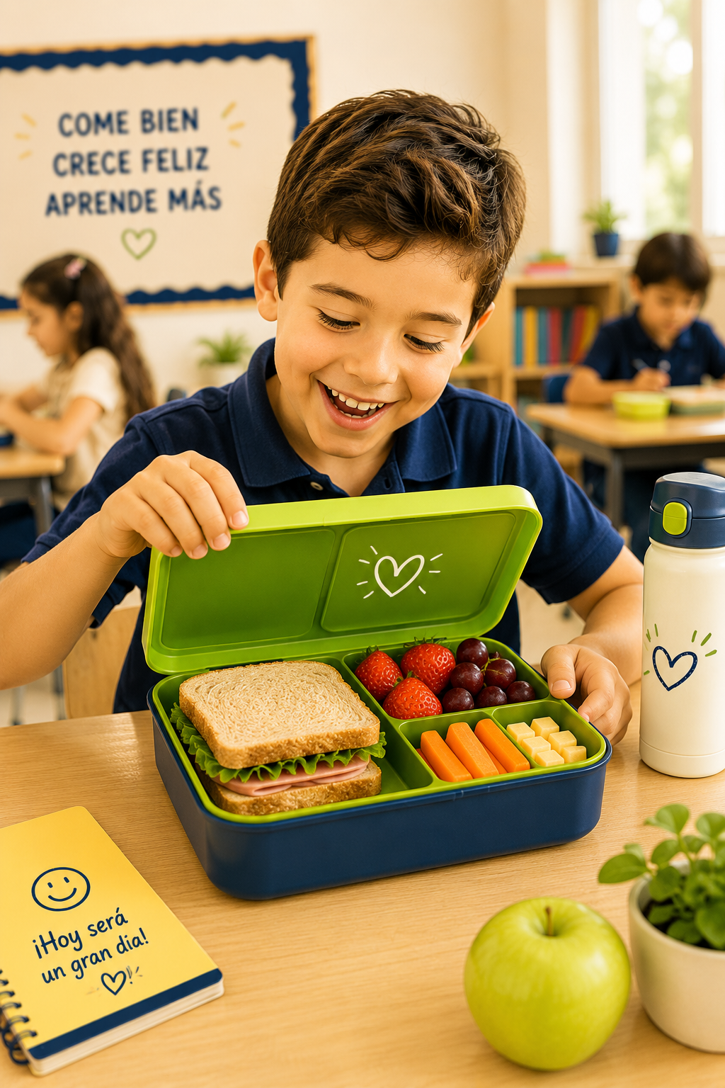 Niño feliz disfrutando su lonchera saludable en el colegio