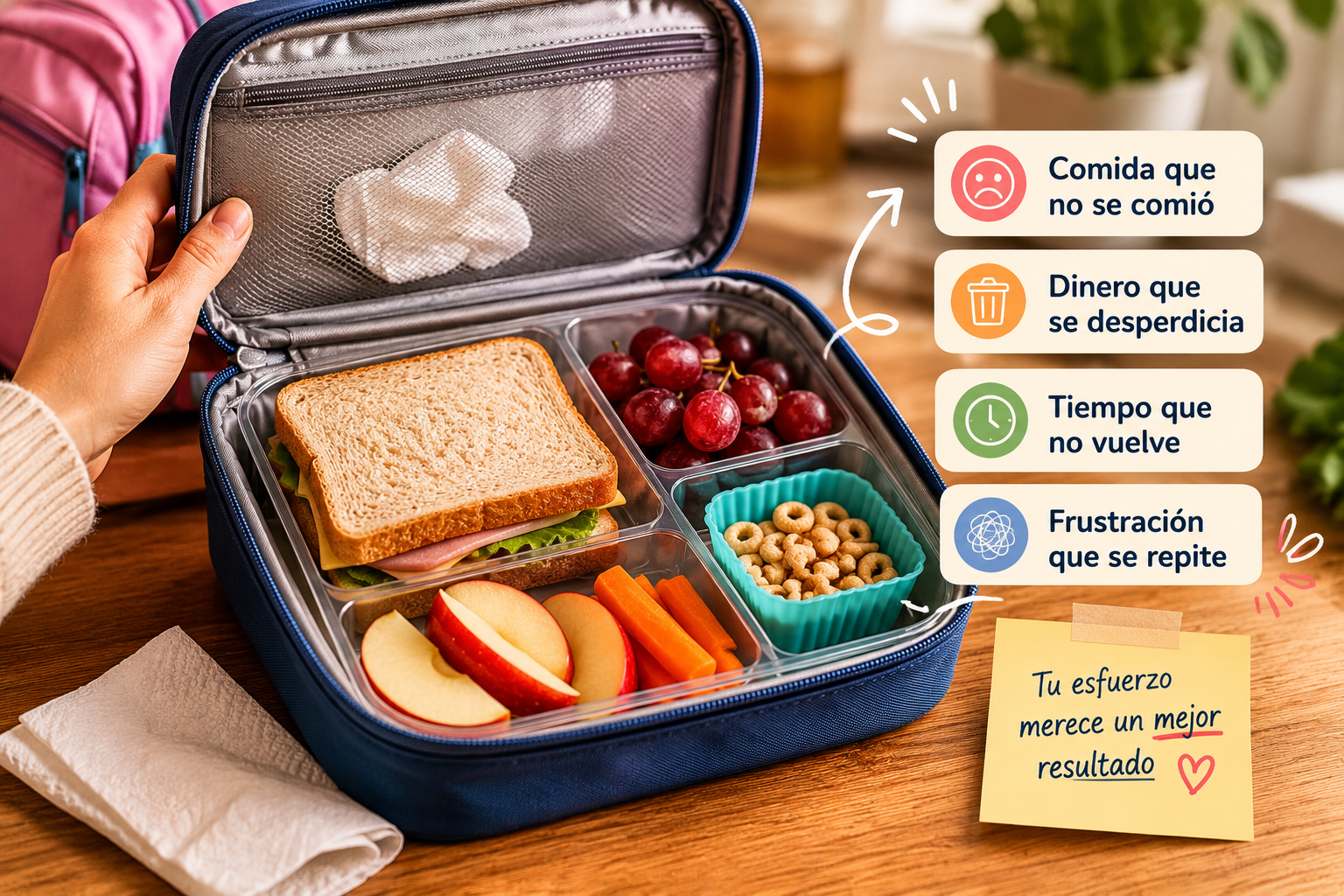 Lonchera escolar que vuelve casi intacta y muestra desperdicio, tiempo perdido y frustración